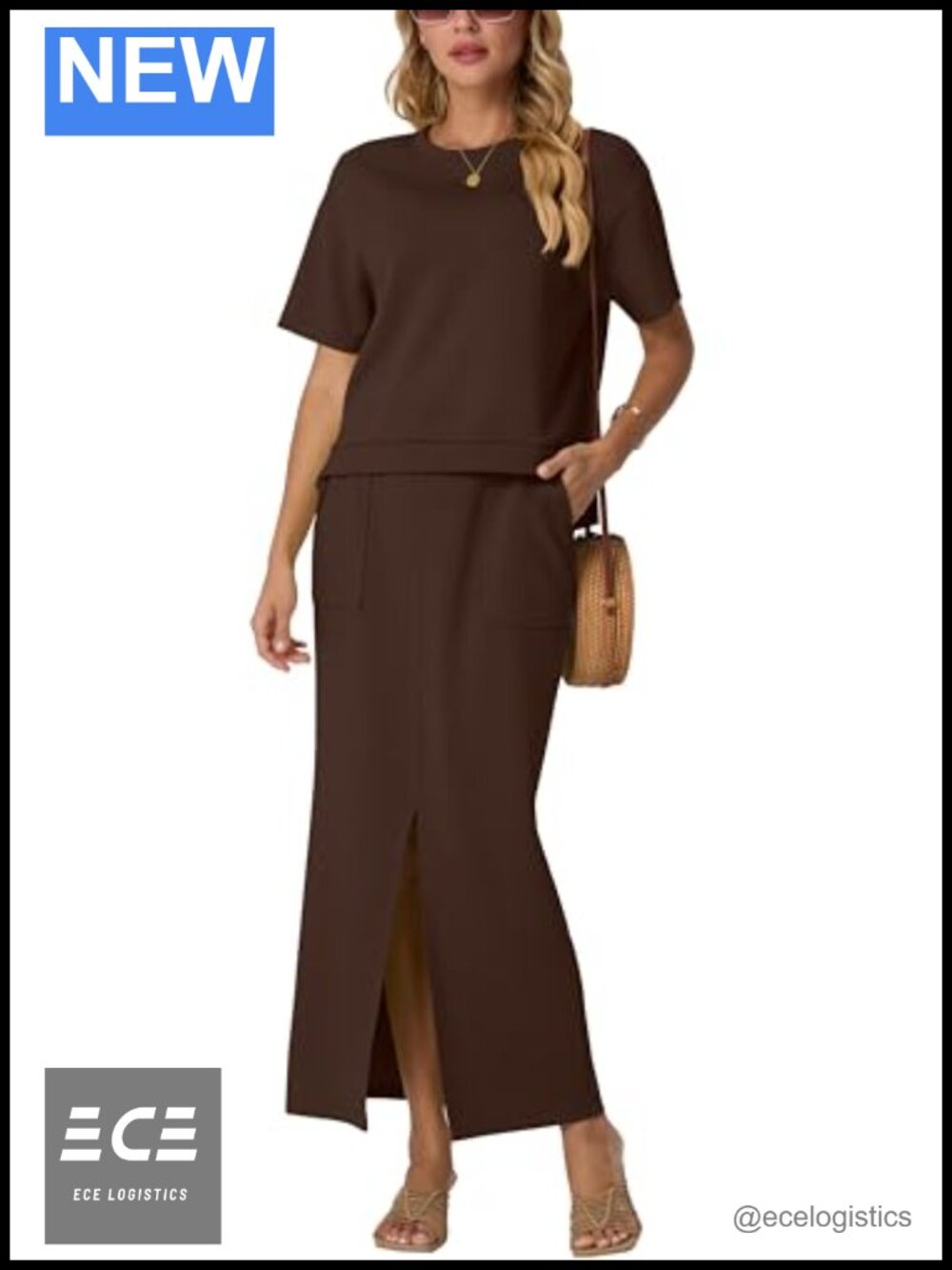 Womens 2 Piece Skirt Set Crew Neck Short Sleeve Top Maxi Skirt Pockets